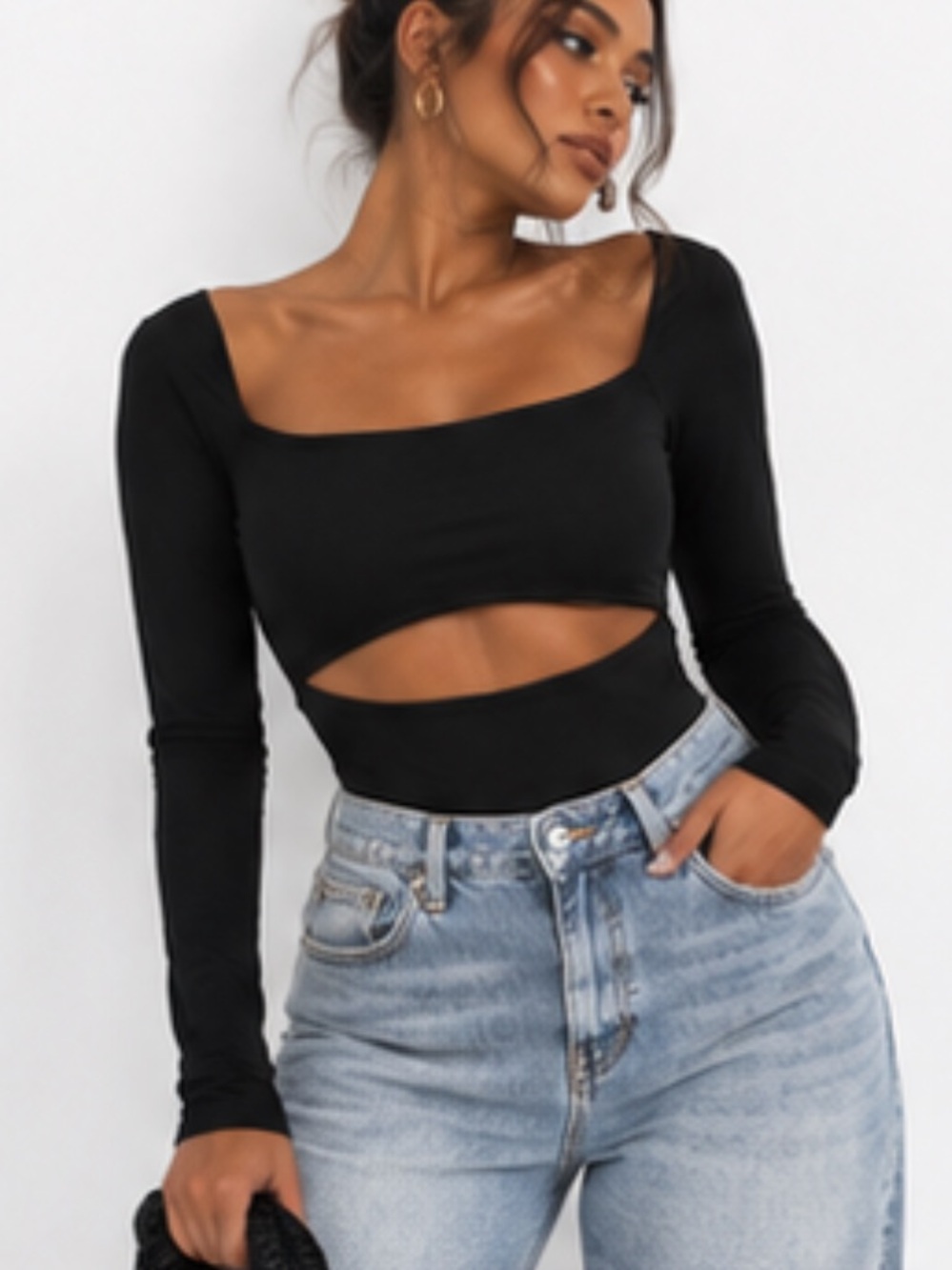 Adika Black Long Sleeve Cutout Bodysuit